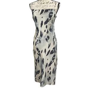 EXPRESS Slinky Satin Cowl Neck Slip Dress Leopard Print Sz Small Gray Black Blue